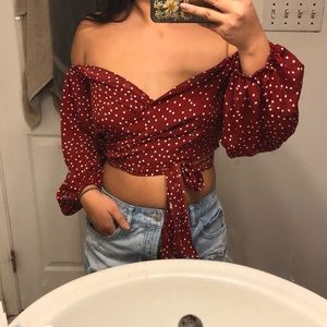 Off the shoulder red polka dots top